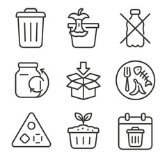 Household Waste Management Icons. Outline style icons of Household Waste Management: trash bin, organic waste bin, plastic bottle