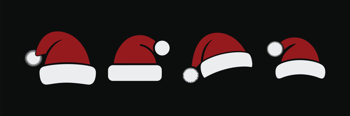 Set of red Christmas hats, Black Silhouette Vector Illustration.