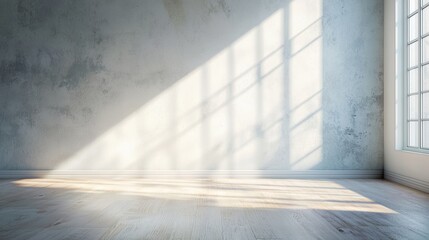 Bright empty white room with sunlight casting window shadows onto textured wall modern architecture lighting design