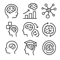 Brain Development Icons. Outline style icons of Brain Development: child brain icon, brain growth chart, learning neuron network,