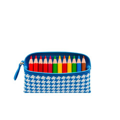 Photo of pencil case with blue zipper pattern, revealing penicils isolated on transparent background