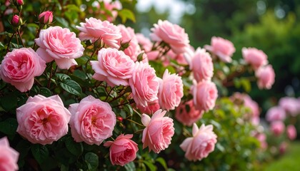 Lush pink roses in a garden
