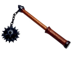 Photo of spiked mace with wooden handle and metal chain isolated on transparent background