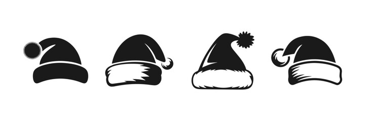 Set of red Christmas hats, Black Silhouette Vector Illustration.