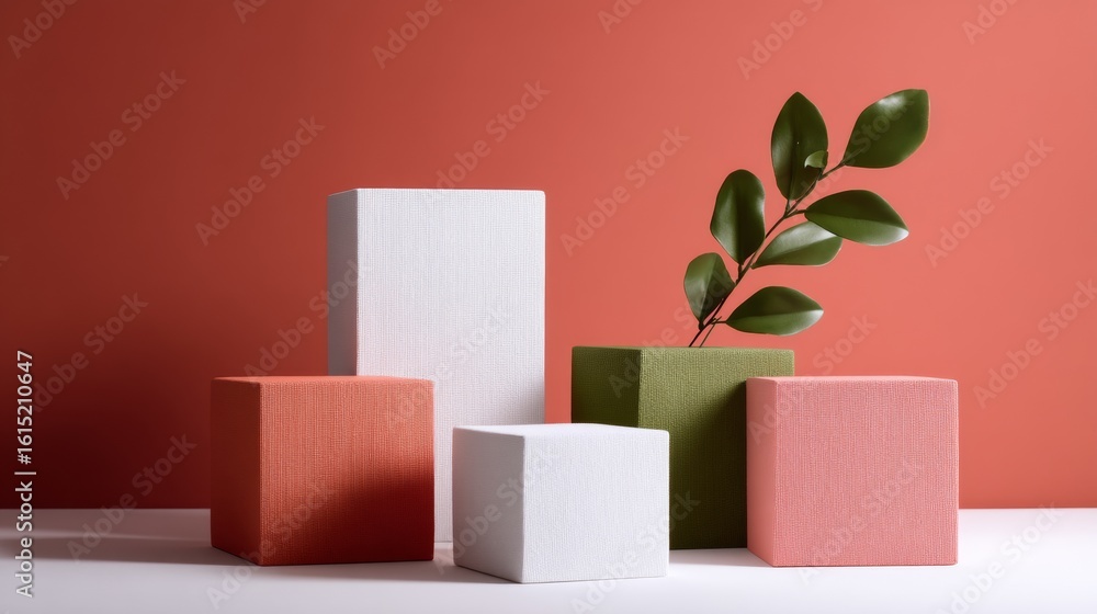 Poster geometric blocks in different colors arranged against red wall for branding presentation or product 