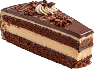  A rich layered chocolate cake slice with dark chocolate icing and creamy filling.