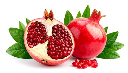 Exotic Fresh Pomegranate Composition with Seeds and Green Leaves on White Backdrop