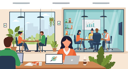 Modern co-working space illustration, perfect for website banners, brochures, or presentations showcasing teamwork and productivity.