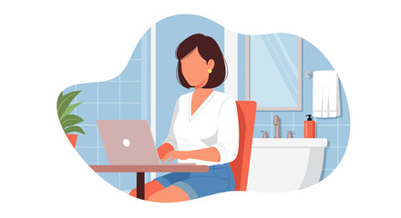Woman working on laptop in modern bathroom, ideal for blog post about work-life balance or remote work.