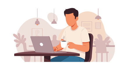 Man working on laptop in cafe, perfect for website banners or blog posts about remote work, coffee culture, or productivity.