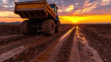 Yellow Dump Truck Driving Through a Muddy Field at Sunset with Orange Sky