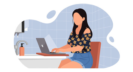 Young woman working on laptop in bathroom, perfect for blog, website or social media.