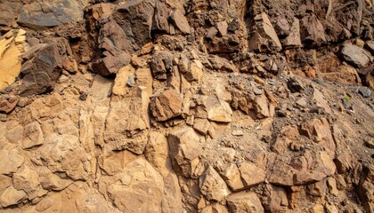 Fototapeta premium Detailed View of Natural Volcanic Rock Surface Displaying Earthy Tones and Rough Texture in Bright Daylight