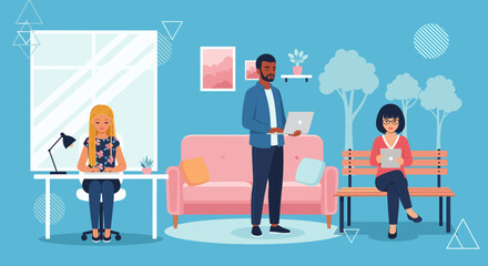 Diverse team working remotely: illustration for website or presentation.