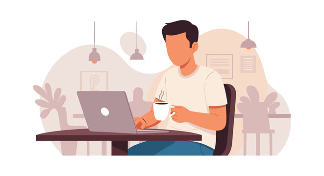 Man working on laptop in cafe, perfect for website banners or blog posts about remote work, coffee culture, or productivity.