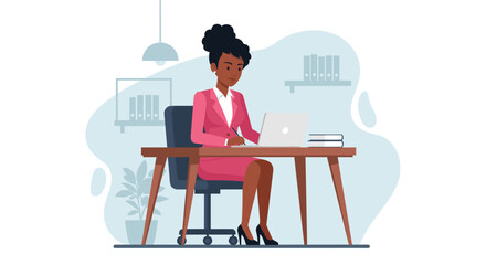 African American businesswoman working on laptop in modern office. Ideal for websites, presentations, and marketing materials.
