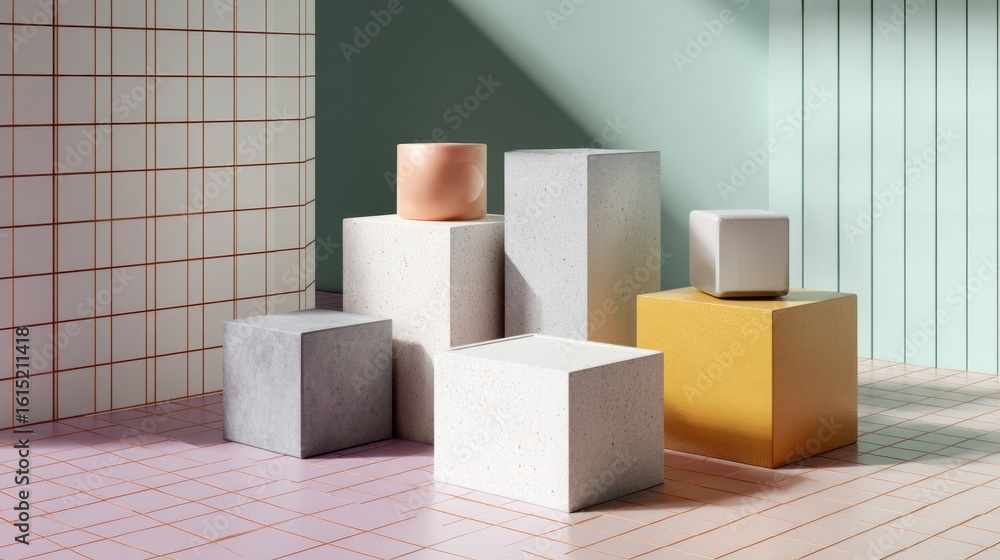 Poster Colored pastel cubes geometric layout with light and shadows creating minimal design background for product display