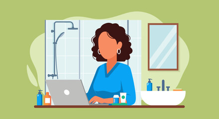 Woman working on laptop in bathroom, ideal for articles on work-life balance or remote work.