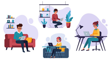 Remote Work Illustration: Diverse People Working from Home on Laptops and Tablets, Perfect for Blogs and Websites.