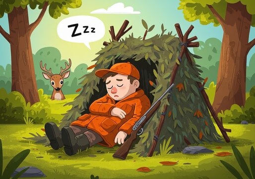 Funny cartoon illustration of a hunter sleeping in a blind while a cute deer watches him