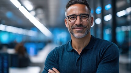 middle age man with glasses standing confidently
