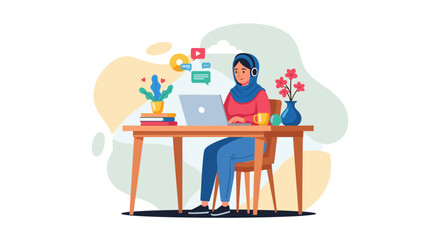 Woman in hijab working on laptop, perfect for website banners or blog posts about remote work, technology, or women in tech.