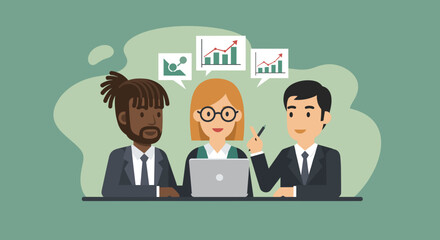 Diverse business team collaborating on a project, analyzing data and graphs. Ideal for presentations, reports, and websites.