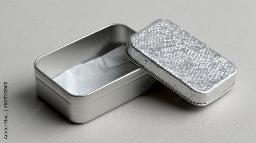 Aufkleber Silver tin box opened with minimalist layout on gray background packaging container for product branding visuals