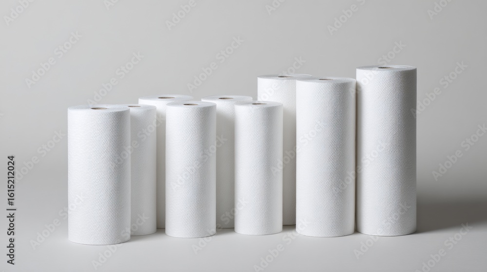 Aufkleber minimalist roll paper tubes on clean surface arranged in line with soft shadow studio product mockup