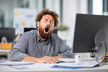 Bearded man yawning in front of computer at office desk, looking tired and exhausted.