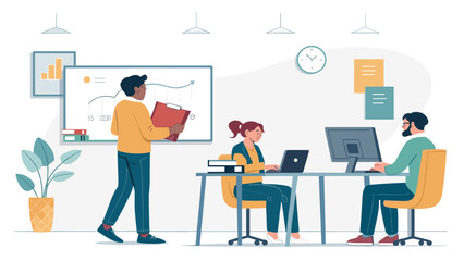 Diverse team collaborating in a modern office, perfect for business presentations and website landing pages.