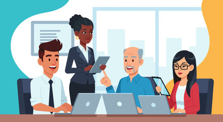 Diverse business team collaborating on project, perfect for website landing page or presentation.