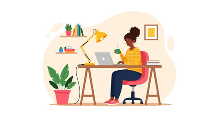 Woman working from home at her desk, perfect for illustrating remote work, freelance, or work-life balance.
