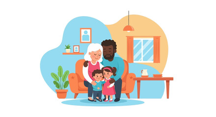 Happy multigenerational family portrait illustration, perfect for family-themed websites, blogs, or brochures.