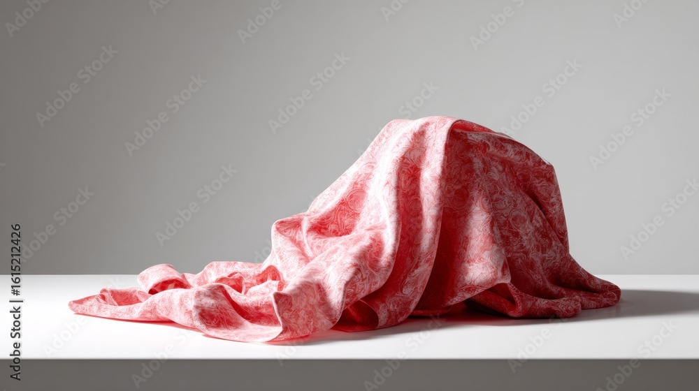 Poster red fabric draped on white block with shadows minimal textile composition concept clean studio fashi