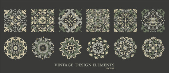Vector. Detailed vintage ornaments with floral and geometric motifs in calm natural colors. Universal for prints, textiles, web design and packaging.