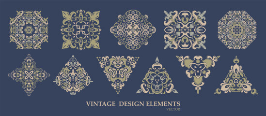 Vector. Collection of vintage ornaments with exquisite baroque pattern, made in creamy beige and blue tones. Suitable for decoration, tattoo, logos, prints, packaging and templates.