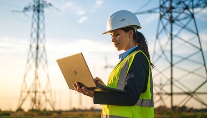 Female electrical engineer working on a laptop near power transmission towers