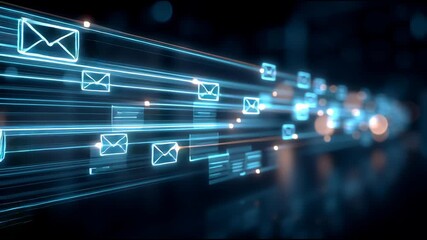 A digital inbox interface floats in a dark, futuristic environment. High quality 4k footage - Powered by Adobe