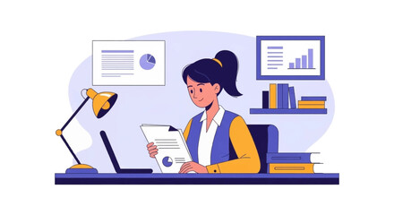 Businesswoman reviewing documents at her desk, perfect for websites, blogs, or presentations on productivity and success.