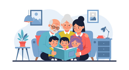Multigenerational family reading a book together on a cozy sofa - perfect for family, togetherness, and bonding themes.