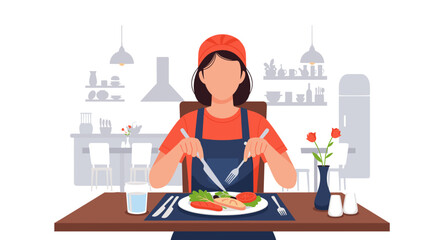 Woman enjoying a healthy meal in a modern kitchen - perfect for blogs, recipe websites, or food publications.