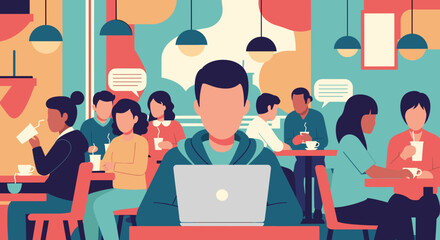 Man working on laptop in a busy cafe, perfect for illustrating remote work, coworking spaces, or the digital nomad lifestyle.