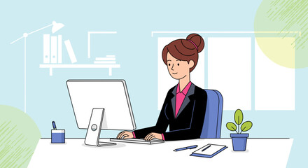 Businesswoman working on computer in modern office - perfect for website banners, presentations, or brochures.