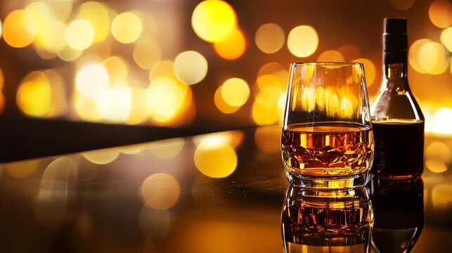 Whiskey bottle and glass on bar counter with warm ambient lighting elegant nightlife alcohol beverage theme