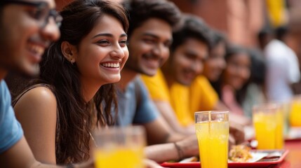 Obraz premium group of college student discussing laughing at canteen