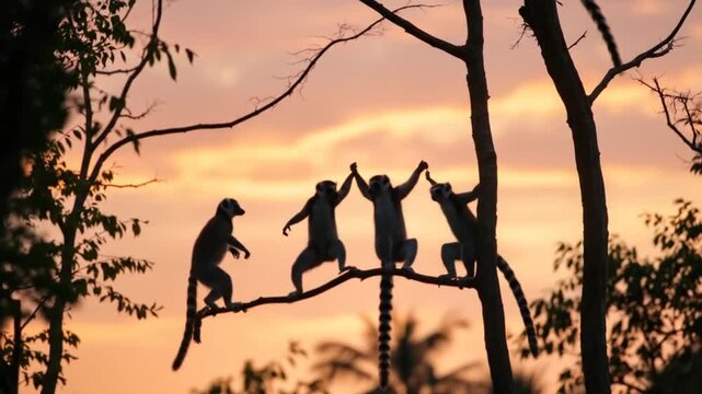 Silhouette of Lemurs Enjoying Sunset in Madagascar Habitat-Wildlife Documentary