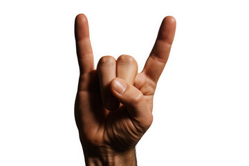 A close-up of a hand making the rock-on gesture, symbolizing passion and enthusiasm. The hand is well-defined against a dark background.
