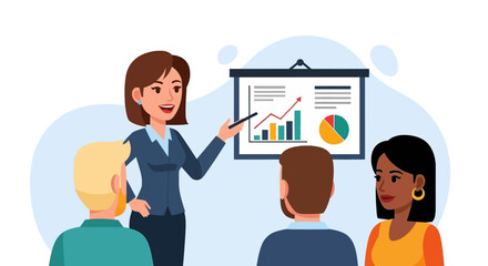 Businesswoman giving a presentation to a diverse team, ideal for website banners or marketing materials.
