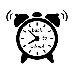 Back to School Alarm Clock Icon. Black Silhouette of Ringing Wake Up Clock with Handwritten Text, Education Concept Vector for Autumn School Season, Morning Routine and Academic Design